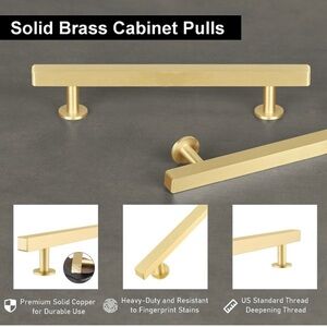 6 - Pack Solid Brass Cabinet Pulls 3” Hole Center (in Brush Gold Finish)